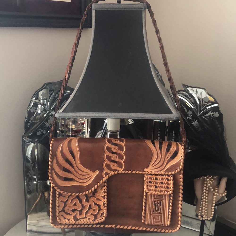 Vintage  Hand Tooled Leather Mayan Inspired Purse
